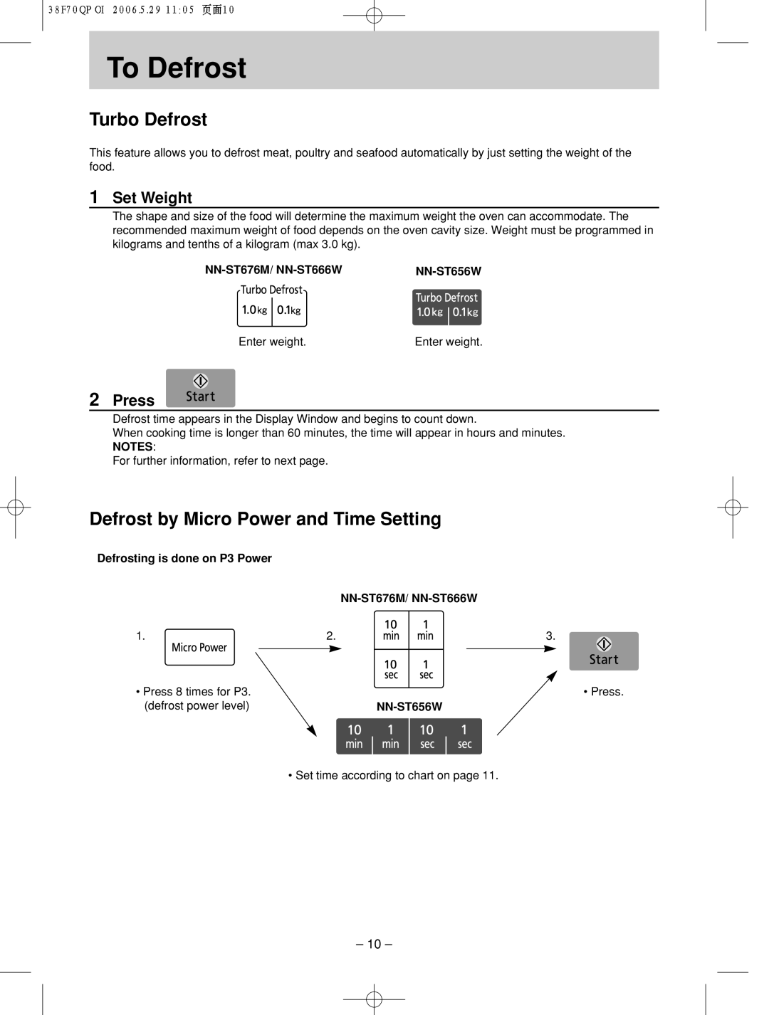Panasonic NN-ST656W manual To!!!Defrost, Set Weight, Defrosting is done on P3 Power NN-ST676M/ NN-ST666W 
