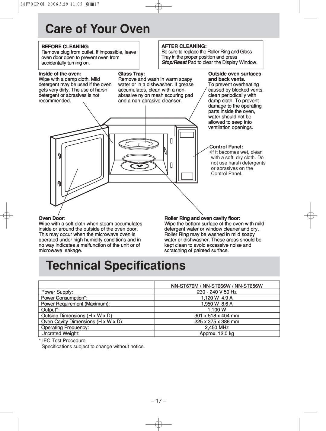 Panasonic NN-ST676M, NN-ST656W, NN-ST666W manual Care!!!!!of! Your Oven, Technical Specifications 