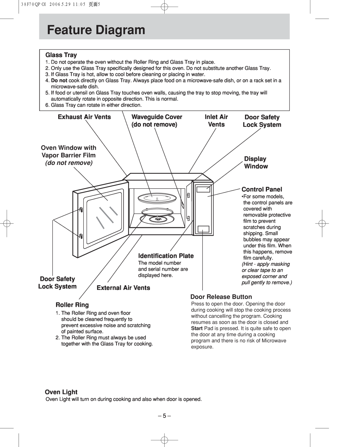 Panasonic NN-ST676M manual Feature!!!!! ! Diagram, Glass Tray, Exhaust Air Vents, Waveguide Cover, Inlet Air, do not remove 