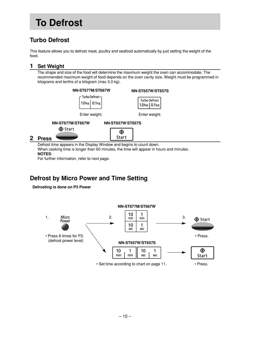 Panasonic To Defrost, Set Weight, NN-ST677M/ST667WNN-ST657W/ST657S, Defrosting is done on P3 Power NN-ST677M/ST667W 