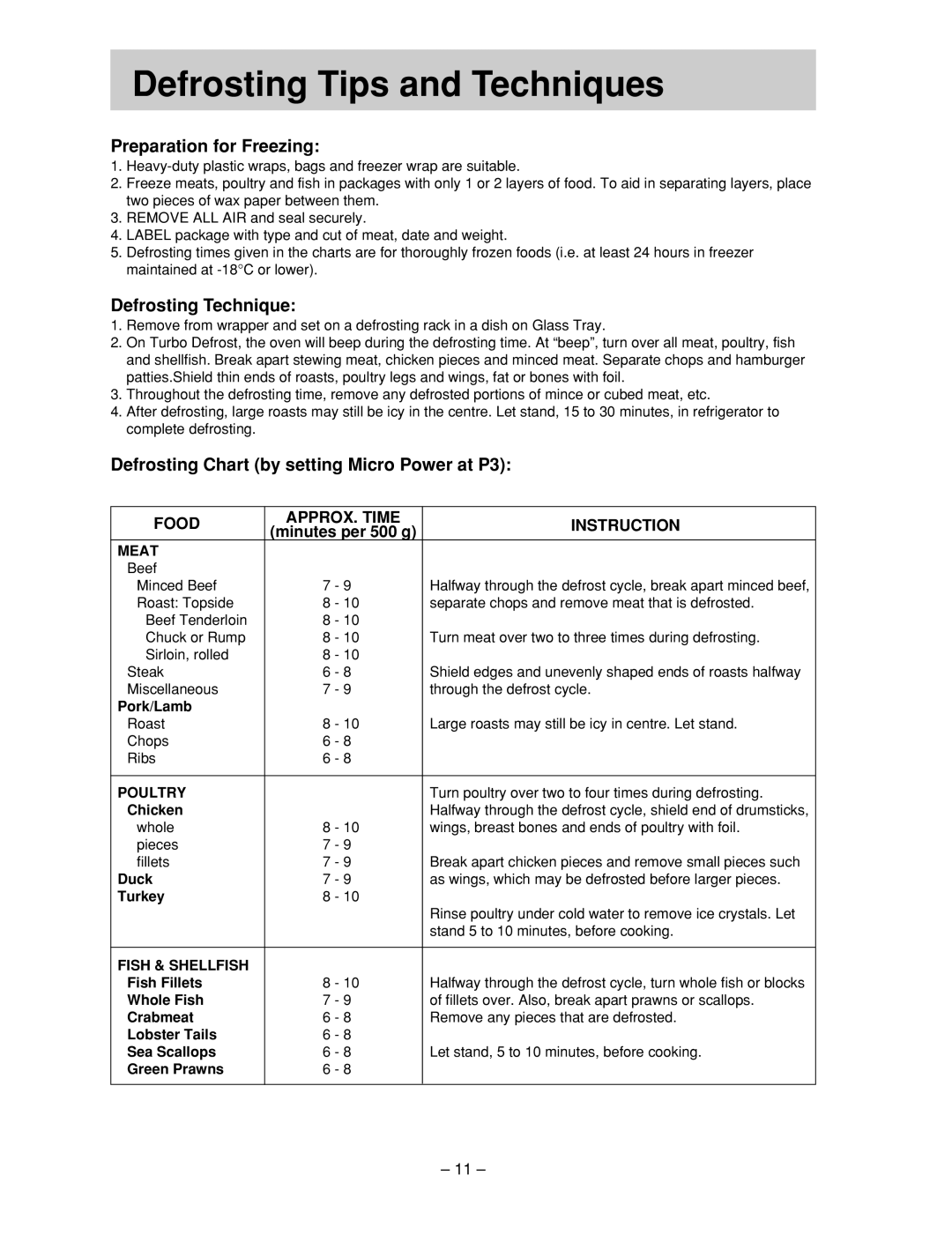 Panasonic NN-ST667W Defrosting Tips and Techniques, Preparation for Freezing, Defrosting Technique, Minutes per 500 g 