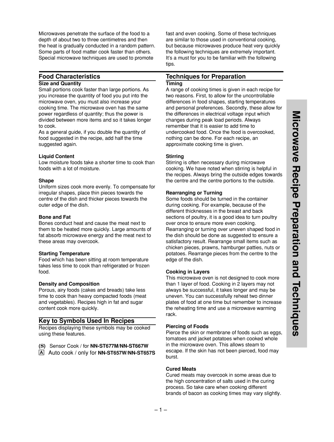 Panasonic NN-ST677M Microwave Recipe Preparation and Techniques, Food Characteristics, Key to Symbols Used In Recipes 