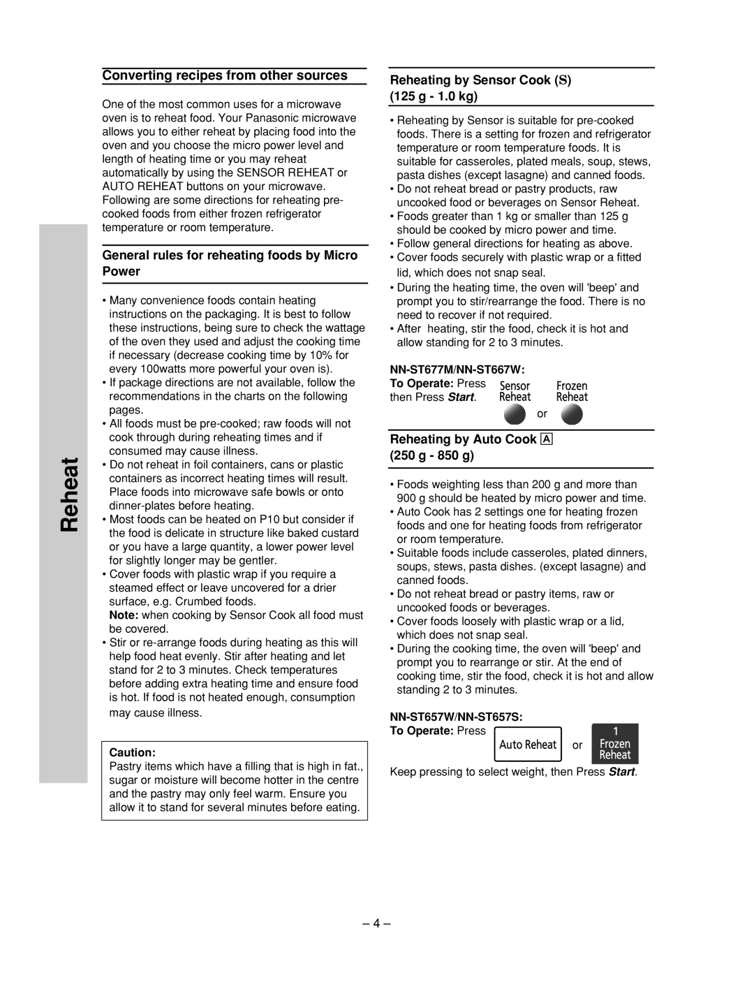 Panasonic NN-ST657S manual General rules for reheating foods by Micro Power, Reheating by Sensor Cook S 125 g 1.0 kg 