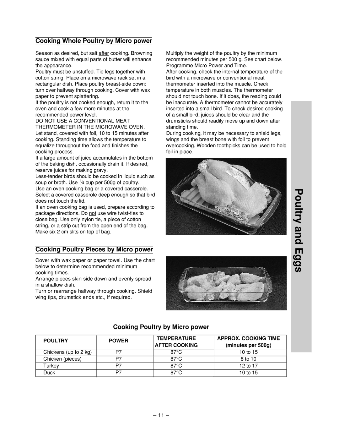 Panasonic NN-ST657 W, NN-ST677M manual Eggs, Cooking Whole Poultry by Micro power, Cooking Poultry Pieces by Micro power 