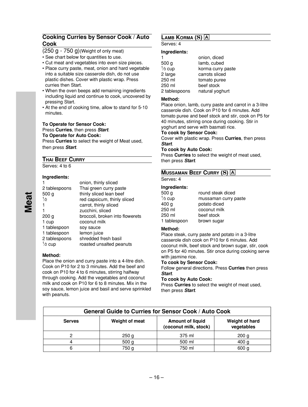 Panasonic NN-ST657S manual Cooking Curries by Sensor Cook / Auto Cook, General Guide to Curries for Sensor Cook / Auto Cook 