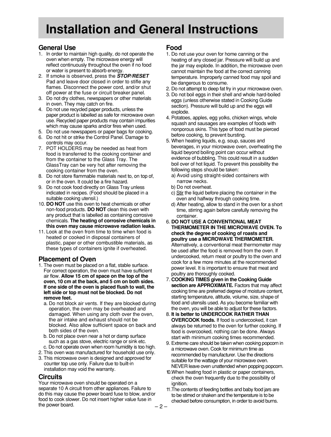 Panasonic NN-ST677M, NN-ST667W manual Installation and General Instructions, General Use Food, Placement of Oven, Circuits 