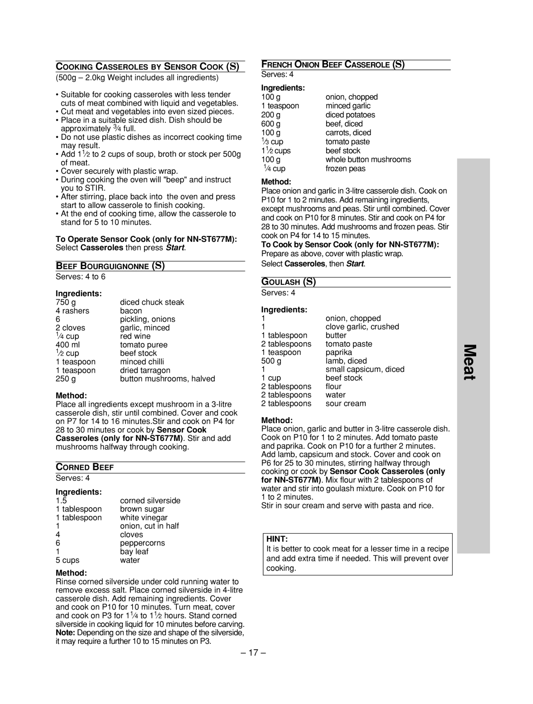 Panasonic NN-ST667W, NN-ST657 W, NN-ST657S manual To Cook by Sensor Cook only for NN-ST677M 