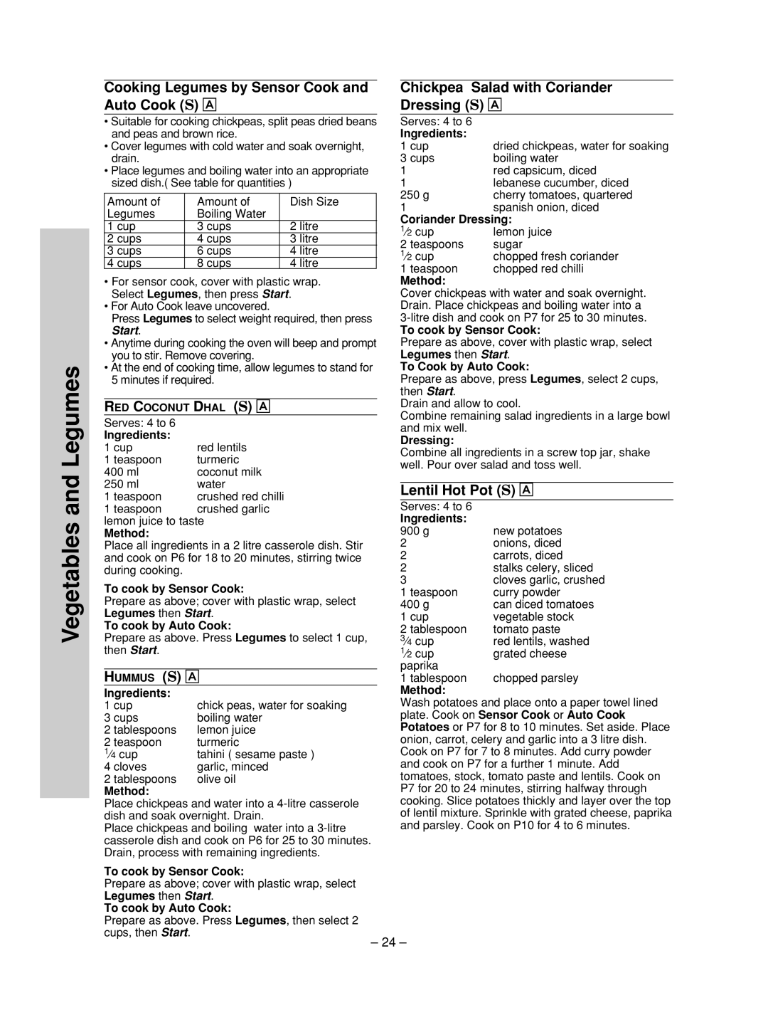 Panasonic NN-ST657S manual Cooking Legumes by Sensor Cook and Auto Cook S Å, Chickpea Salad with Coriander Dressing S Å 