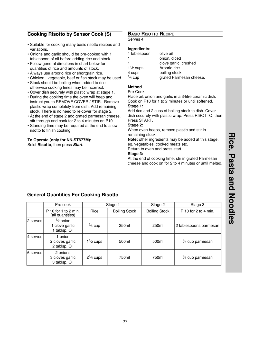 Panasonic NN-ST657 W manual Rice, Pasta, Noodles, Cooking Risotto by Sensor Cook S, General Quantities For Cooking Risotto 