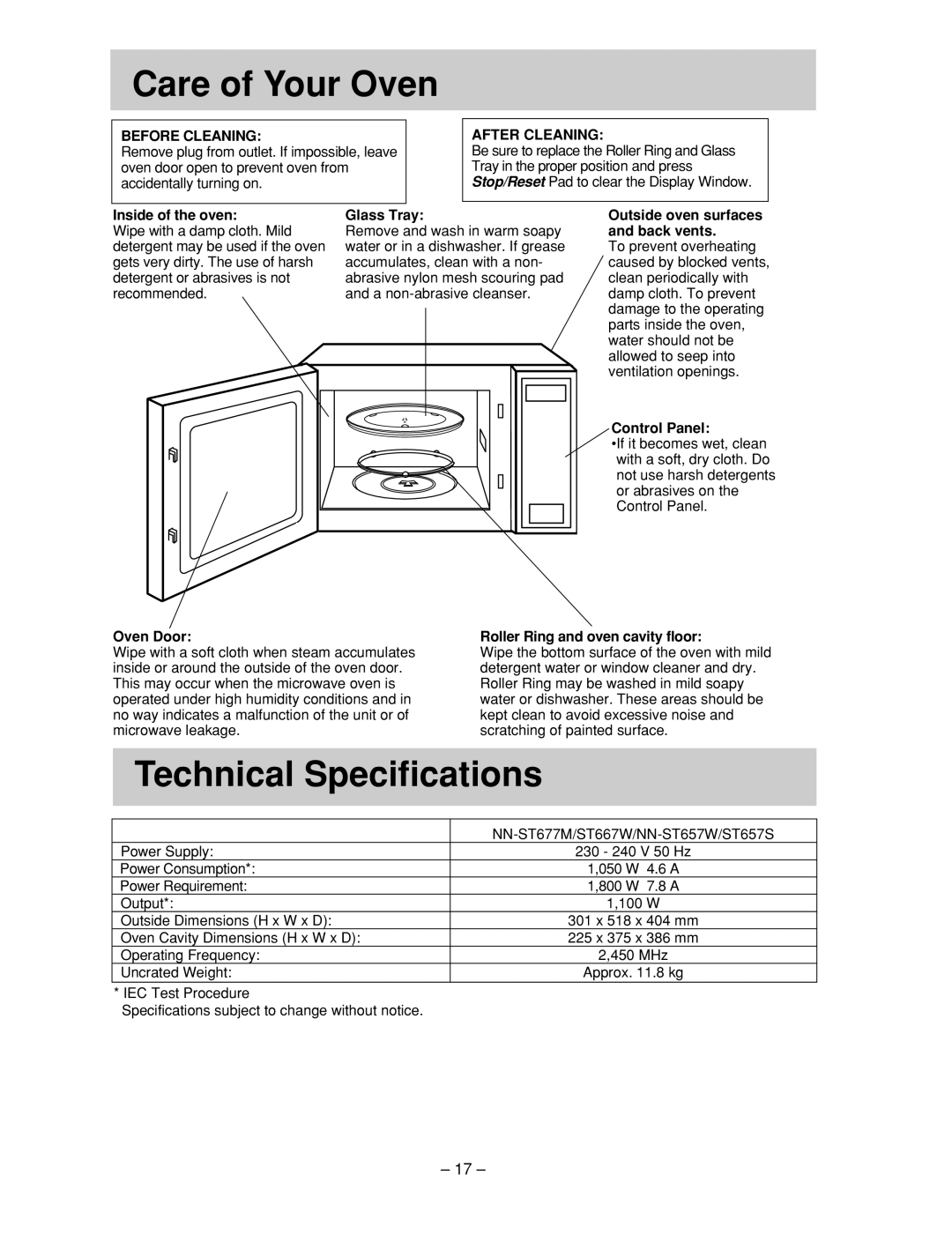Panasonic NN-ST657S, NN-ST677M, NN-ST667W, NN-ST657 W manual Technical Specifications, Care of Your Oven, 17 