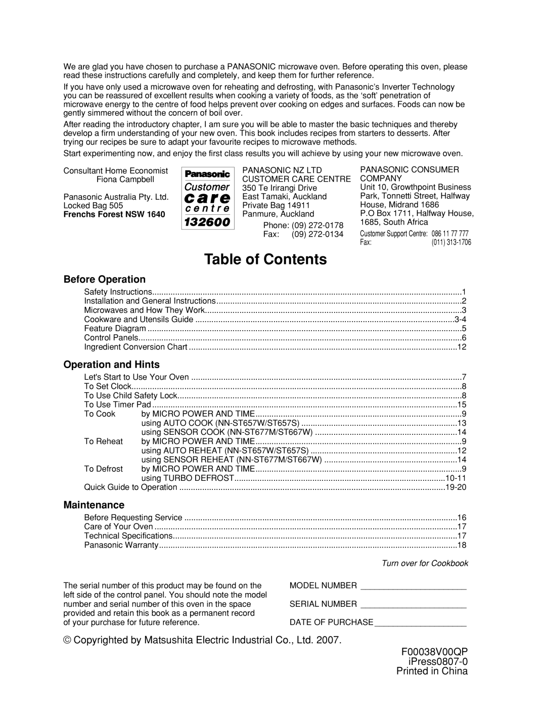 Panasonic NN-ST657 W Table of Contents, Before Operation, Operation and Hints, Maintenance, F00038V00QP, iPress0807-0 