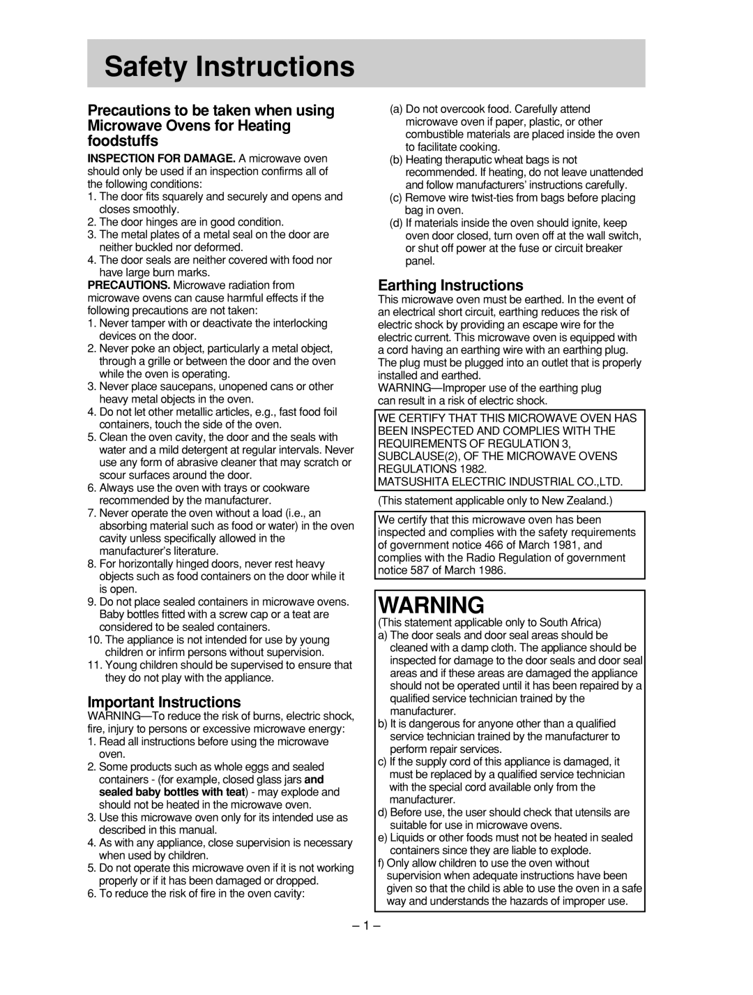 Panasonic NN-ST657S, NN-ST677M, NN-ST667W, NN-ST657 W Safety Instructions, Important Instructions, Earthing Instructions, 1 