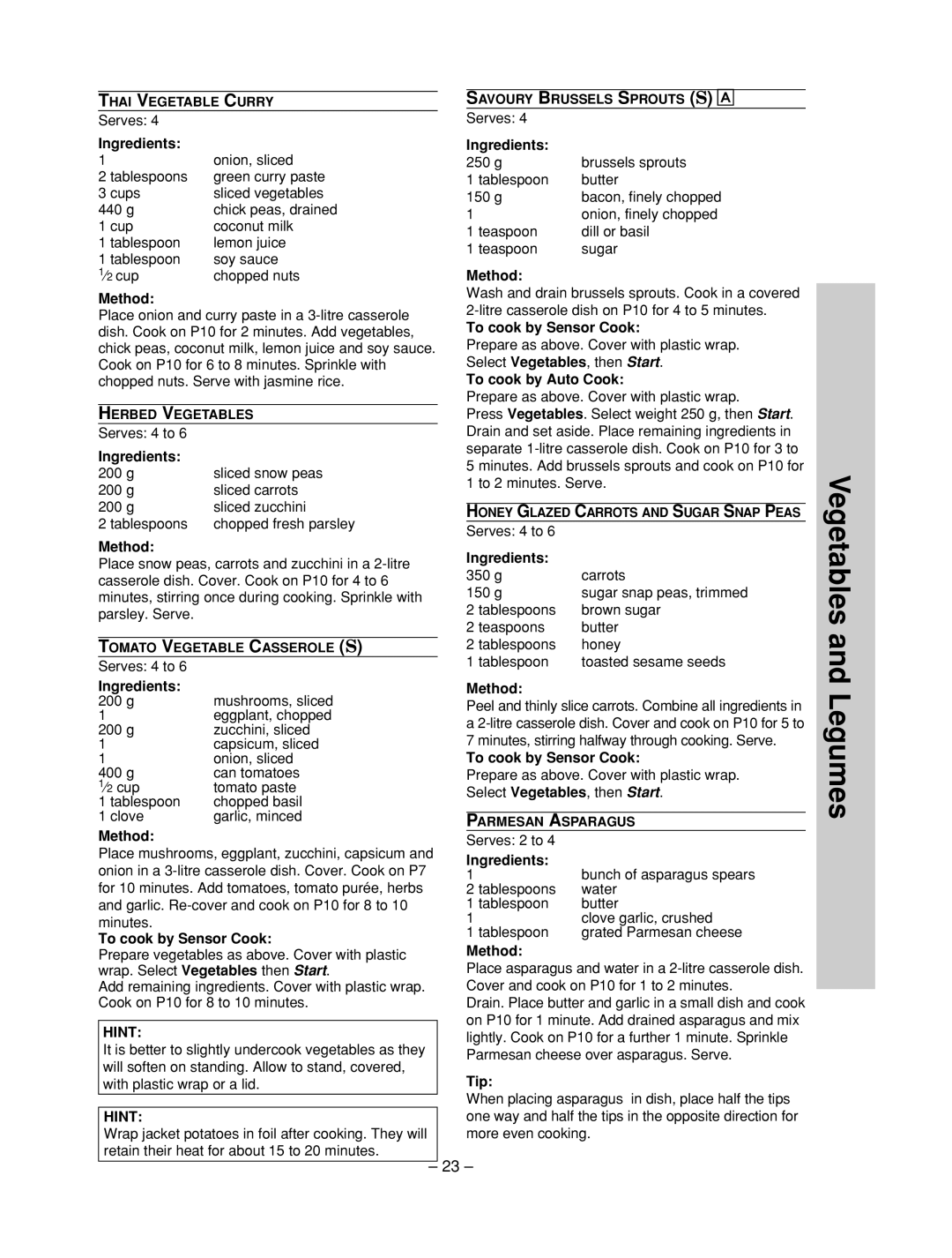 Panasonic NN-ST657 W, NN-ST677M, NN-ST667W, NN-ST657S manual 23, Vegetables and Legumes 