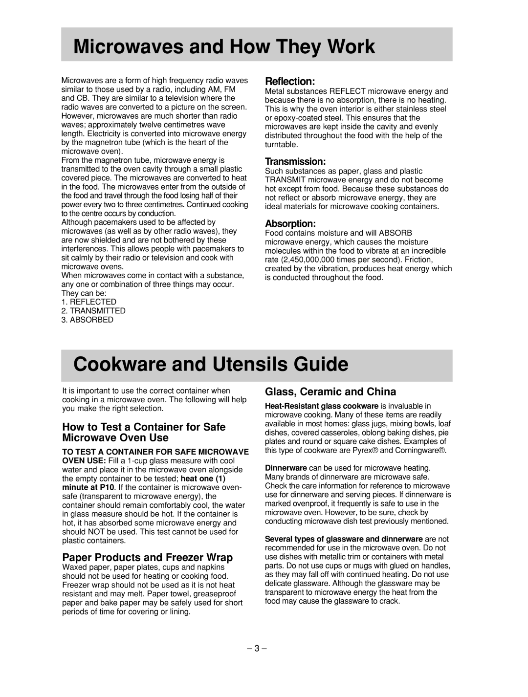 Panasonic NN-ST667W Microwaves and How They Work, Cookware and Utensils Guide, Reflection, Paper Products and Freezer Wrap 