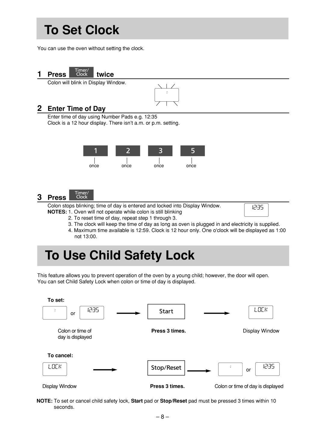 Panasonic NN-ST780S, NN-ST680S manual To Set Clock, To Use Child Safety Lock, Press twice, Enter Time of Day 