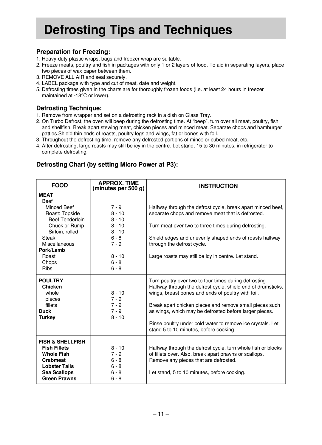 Panasonic NN-ST680S Defrosting Tips and Techniques, Preparation for Freezing, Defrosting Technique, Minutes per 500 g 