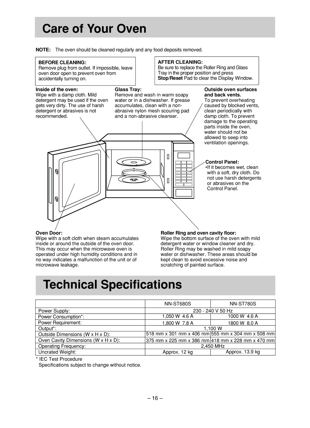 Panasonic NN-ST780S, NN-ST680S manual Care of Your Oven, Technical Specifications, Before Cleaning, After Cleaning 