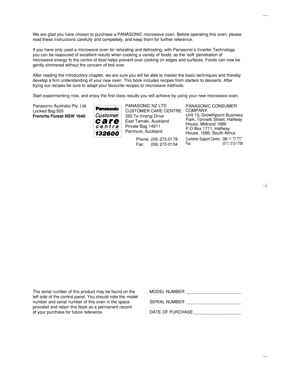 Panasonic NN-ST680S, NN-ST780S manual Frenchs Forest NSW, Fax, Serial number of this product may be found on 