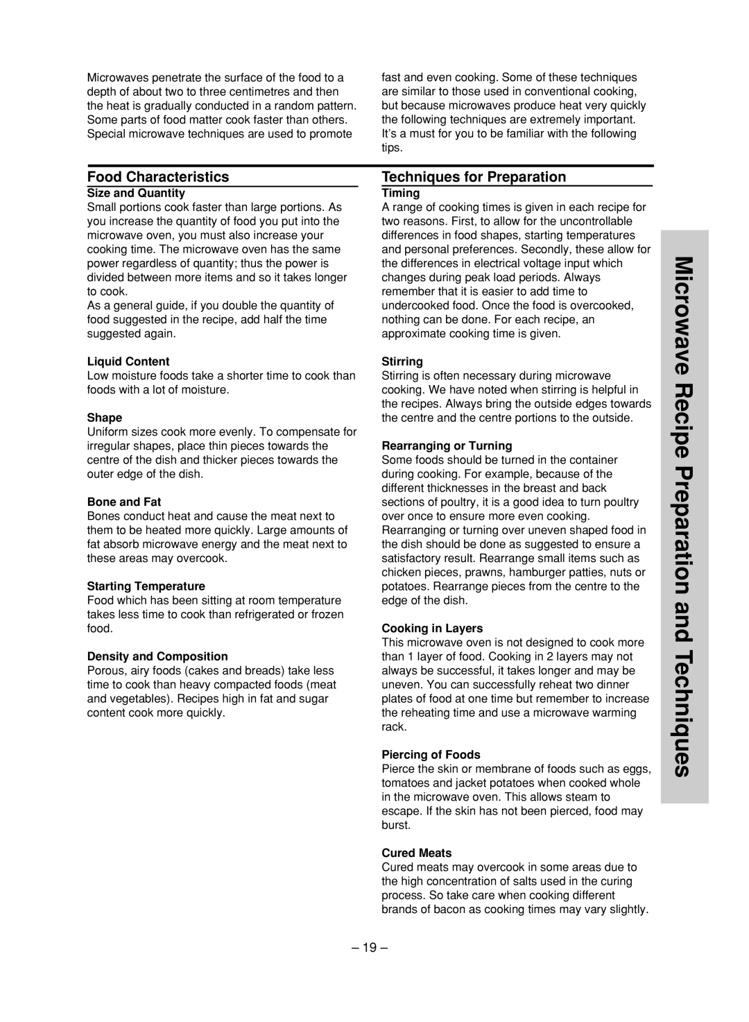 Panasonic NN-ST680S manual Microwave Recipe Preparation and Techniques, Food Characteristics, Techniques for Preparation 