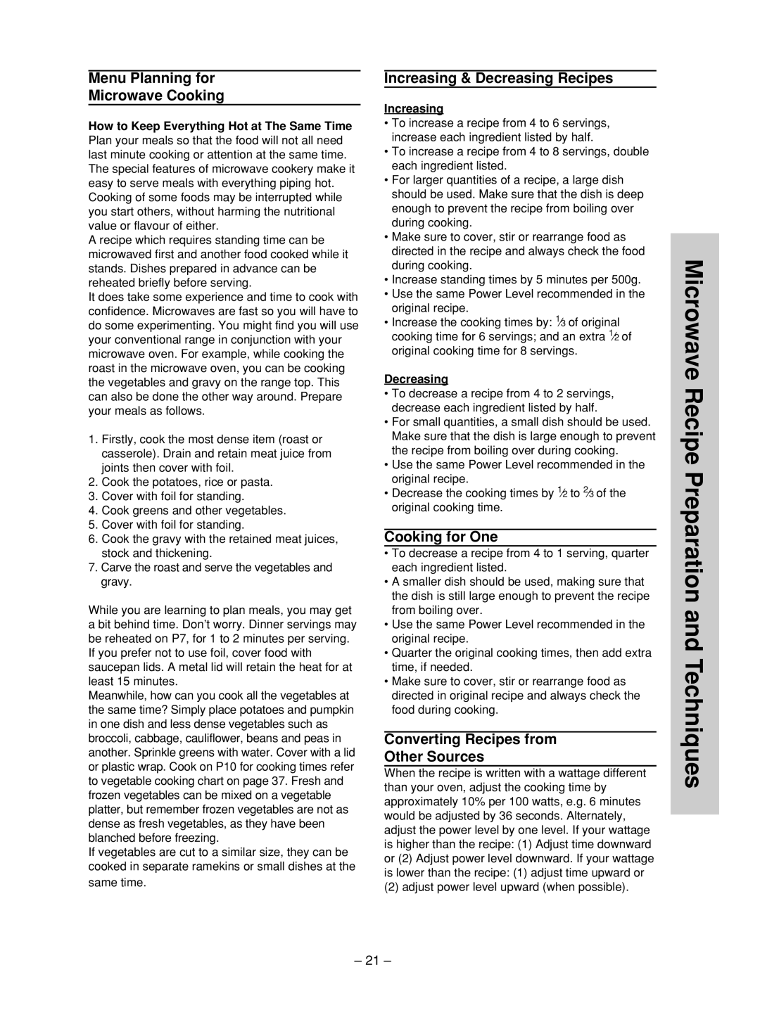 Panasonic NN-ST680S, NN-ST780S manual Menu Planning for Microwave Cooking, Increasing & Decreasing Recipes, Cooking for One 