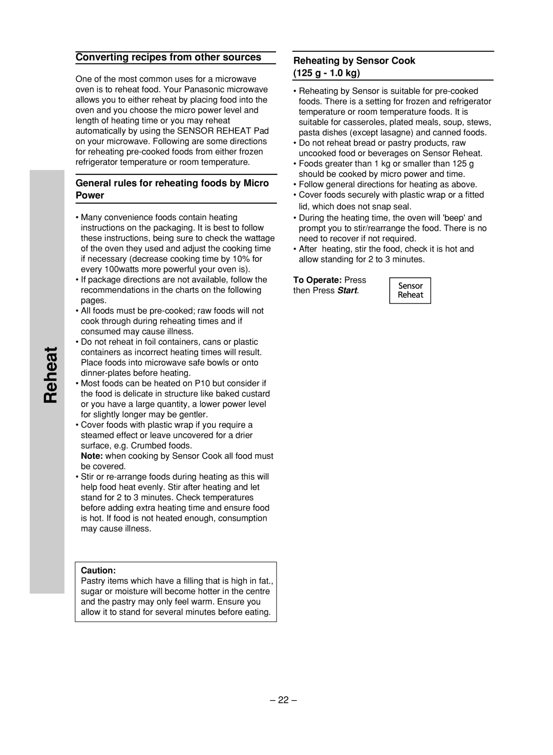 Panasonic NN-ST780S, NN-ST680S General rules for reheating foods by Micro Power, Reheating by Sensor Cook 125 g 1.0 kg 