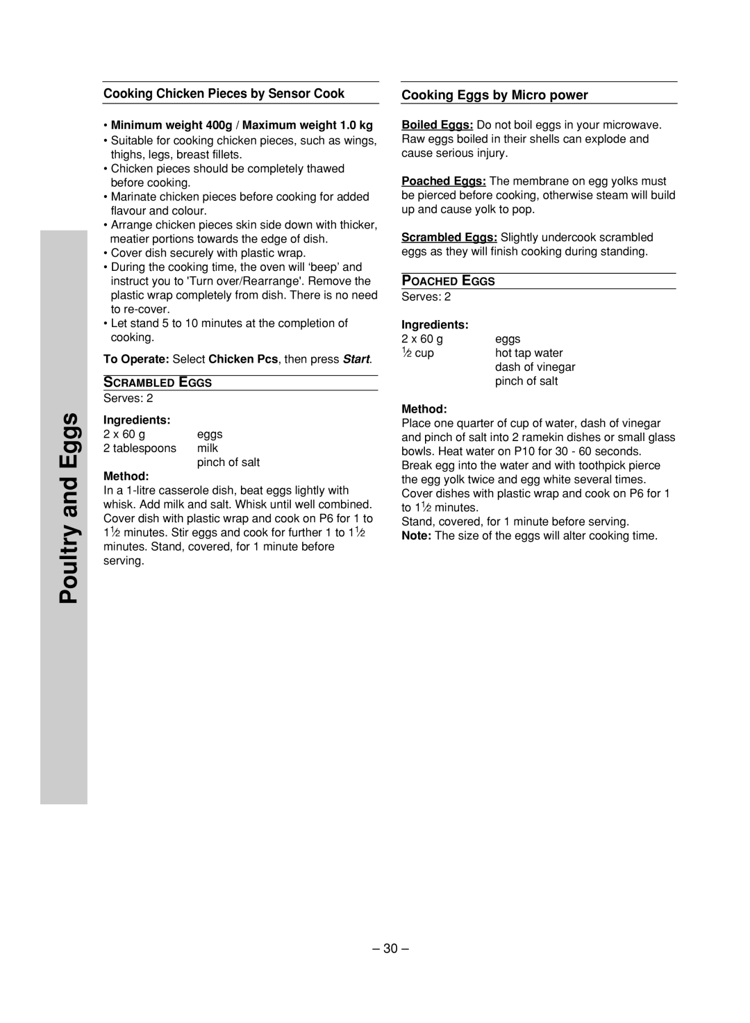 Panasonic NN-ST780S, NN-ST680S manual Poultry and Eggs, Cooking Chicken Pieces by Sensor Cook, Cooking Eggs by Micro power 
