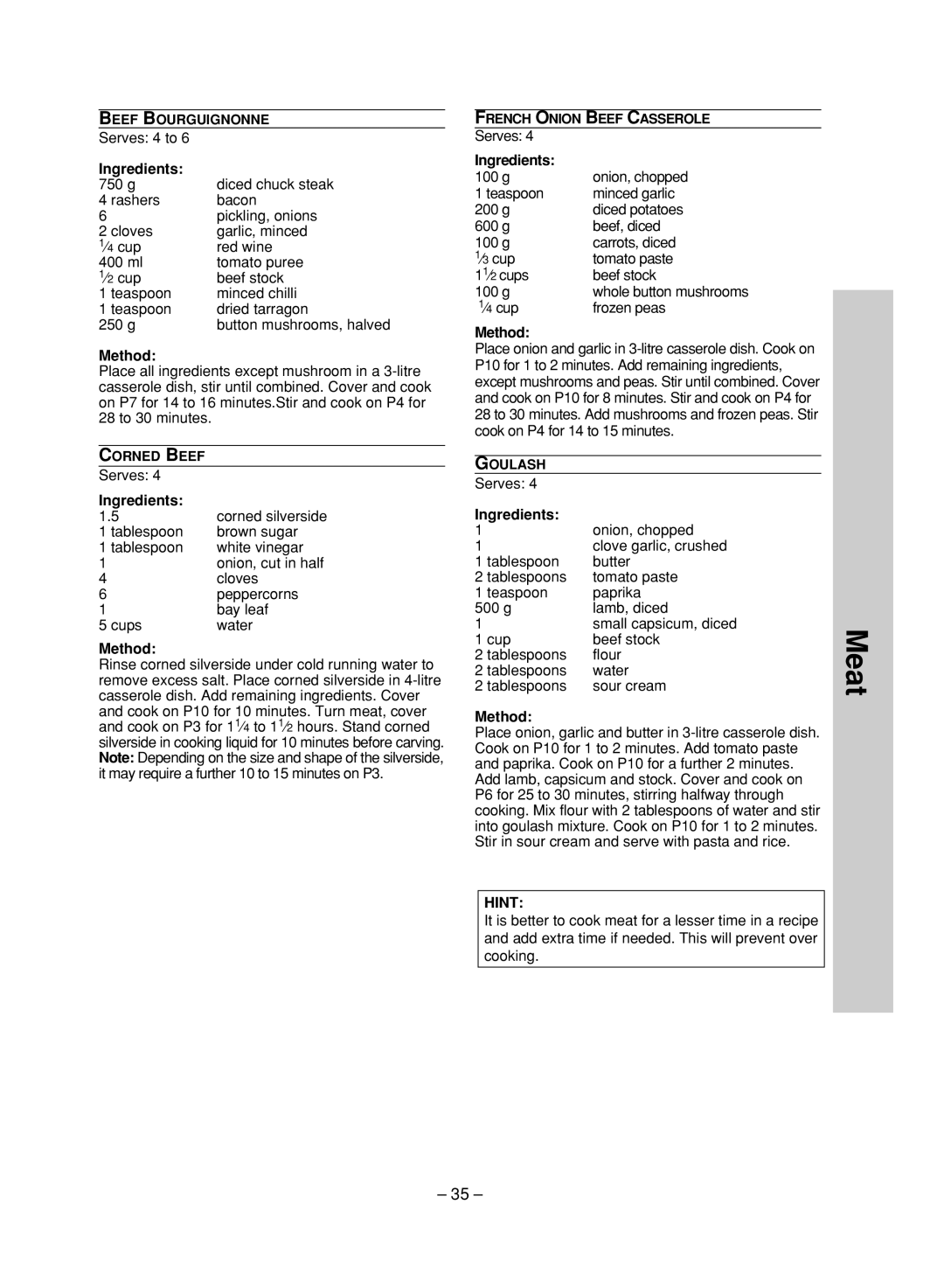 Panasonic NN-ST680S Corned silverside Tablespoon Brown sugar White vinegar, Peppercorns, Cups Water, ⁄4 cup Frozen peas 