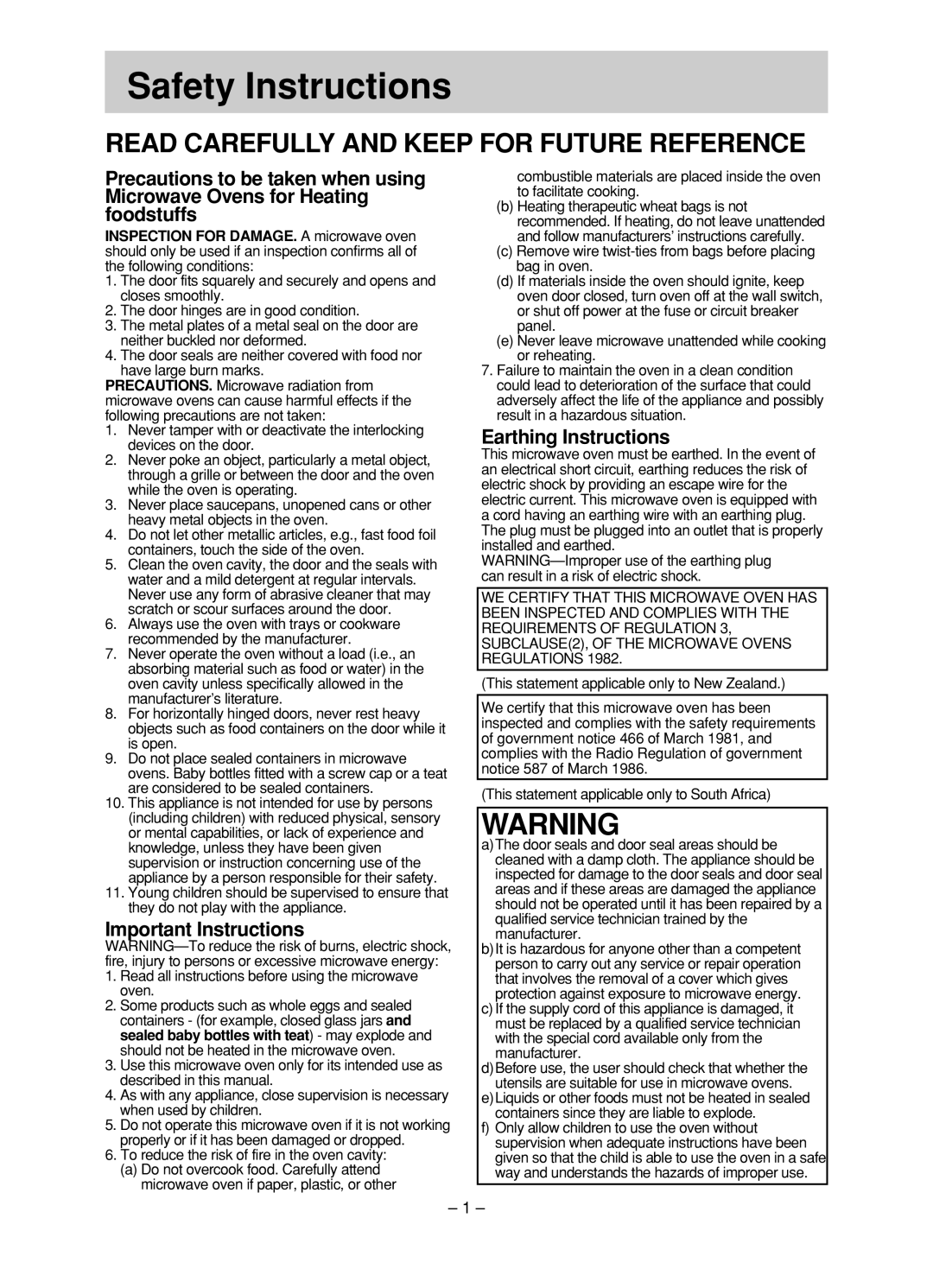 Panasonic NN-ST680S, NN-ST780S manual Safety Instructions, Important Instructions, Earthing Instructions 