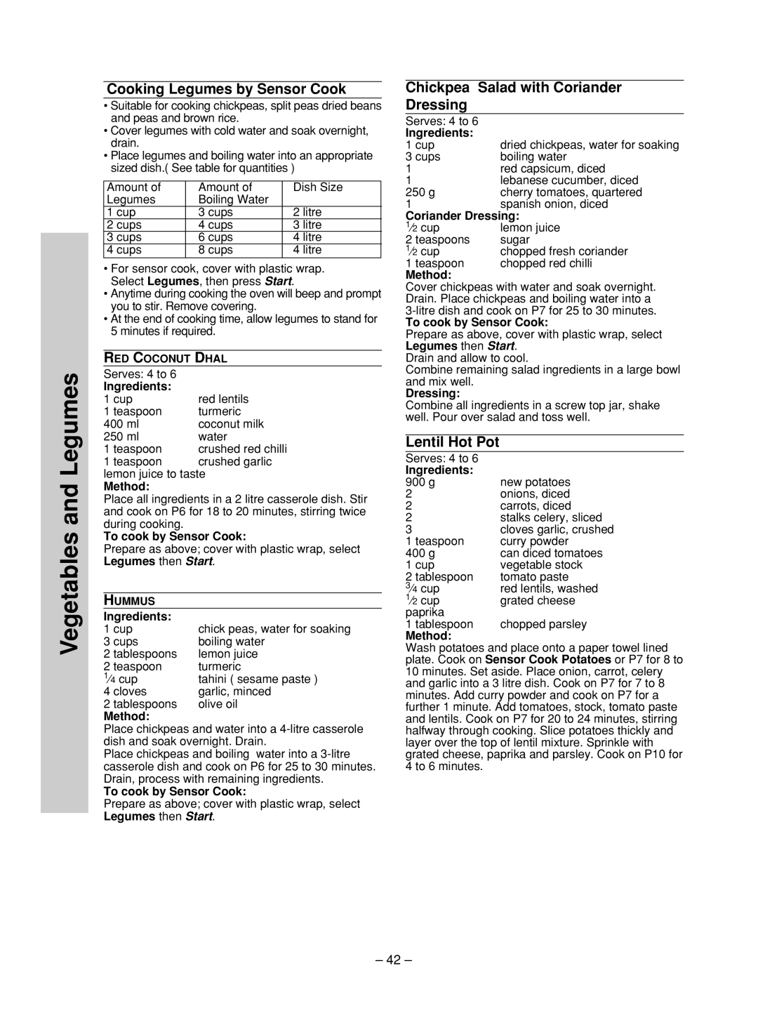 Panasonic NN-ST780S, NN-ST680S manual Cooking Legumes by Sensor Cook, Chickpea Salad with Coriander Dressing, Lentil Hot Pot 