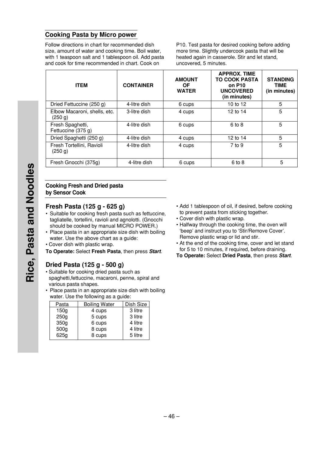 Panasonic NN-ST780S, NN-ST680S manual Cooking Pasta by Micro power, Fresh Pasta 125 g 625 g, Dried Pasta 125 g 500 g 