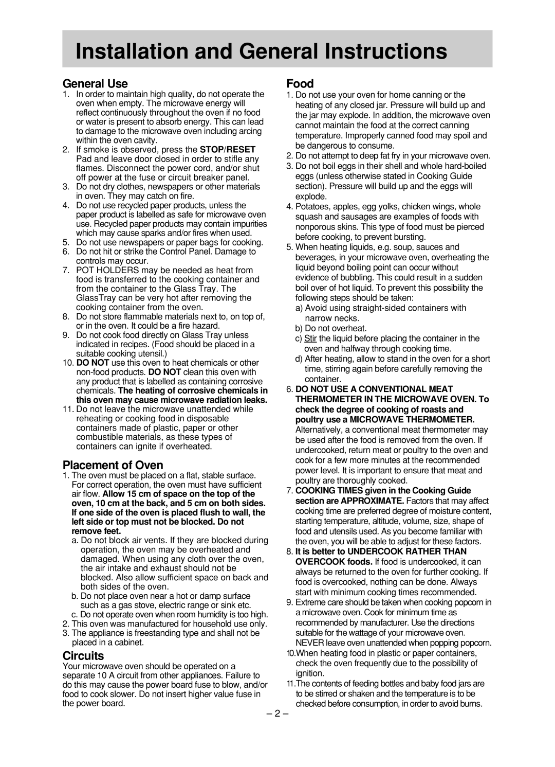 Panasonic NN-ST780S, NN-ST680S manual Installation and General Instructions, General Use, Placement of Oven, Circuits, Food 