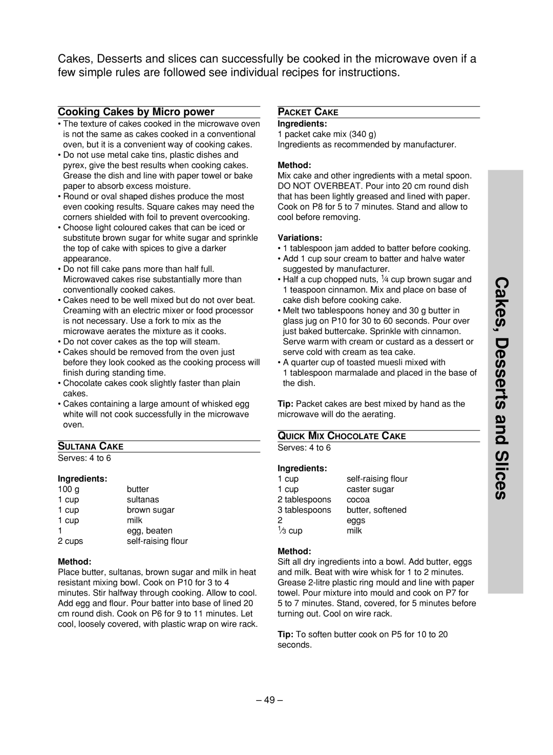 Panasonic NN-ST680S, NN-ST780S manual Cakes, Desserts and Slices, Cooking Cakes by Micro power, Variations 