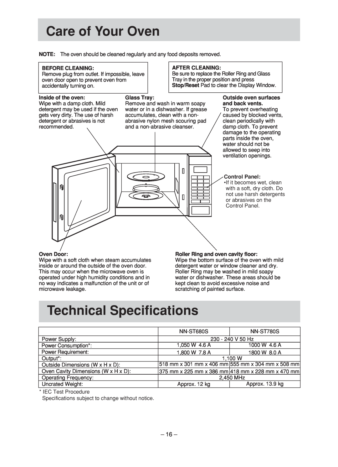 Panasonic NN-ST780S manual Care of Your Oven, Technical Specifications, Before Cleaning, After Cleaning, Inside of the oven 