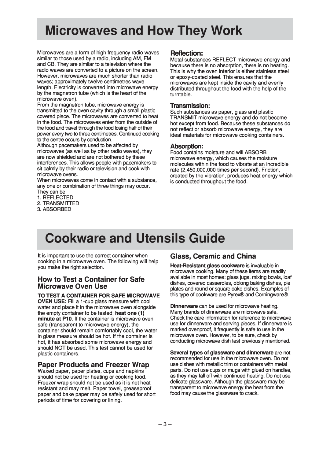 Panasonic NN-ST680S Microwaves and How They Work, Cookware and Utensils Guide, Reflection, Paper Products and Freezer Wrap 
