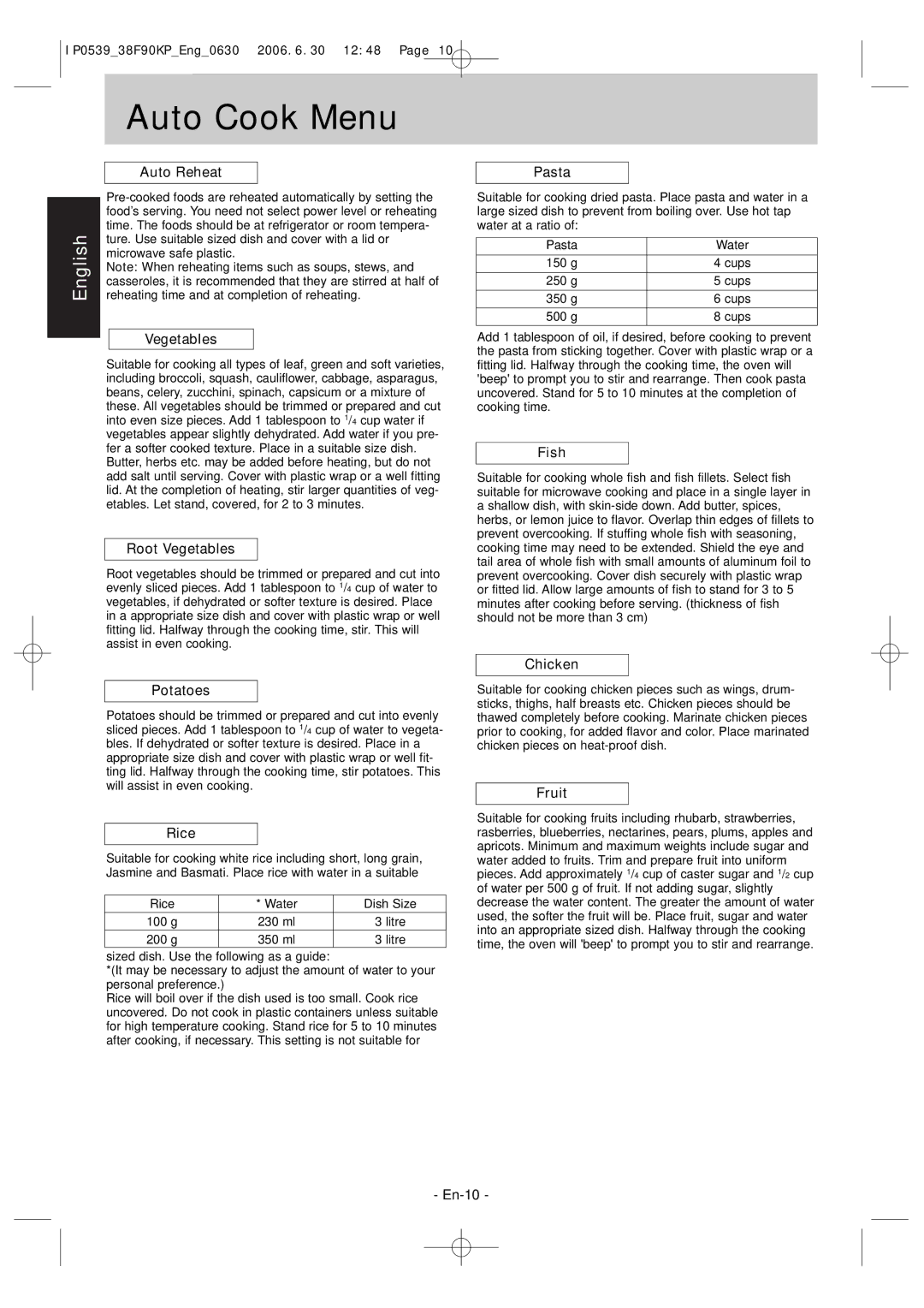 Panasonic NN-ST686S operating instructions Root Vegetables, Potatoes, Rice, Pasta, Fish, Chicken, Fruit 