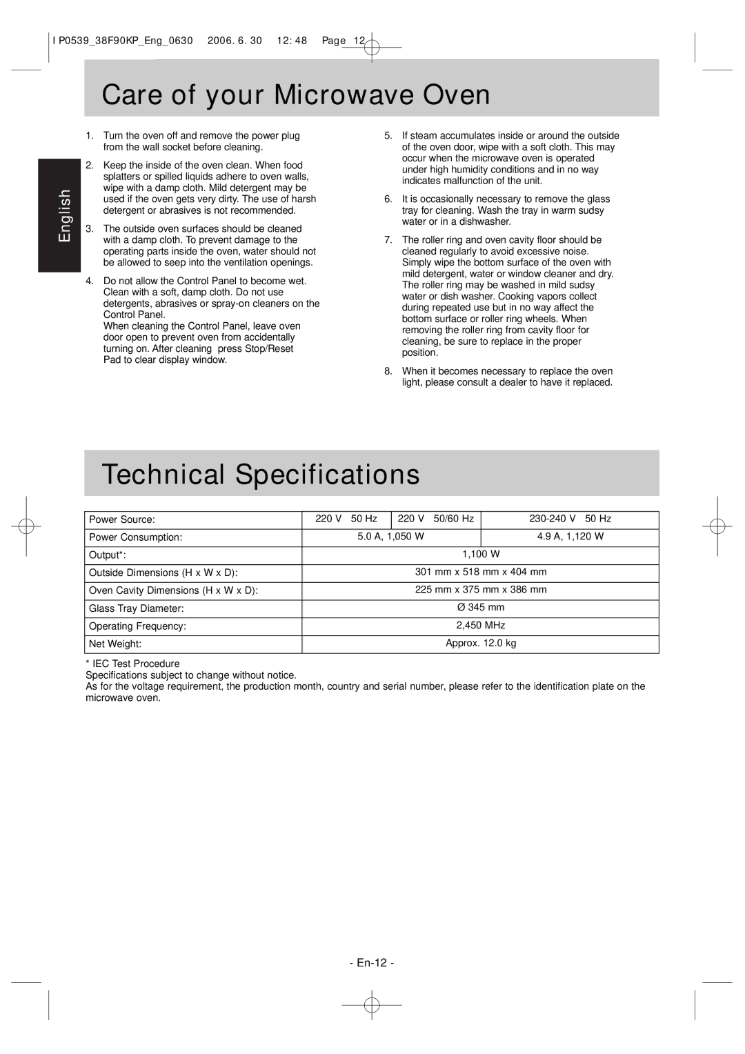 Panasonic NN-ST686S operating instructions Care of your Microwave Oven, Technical Specifications 