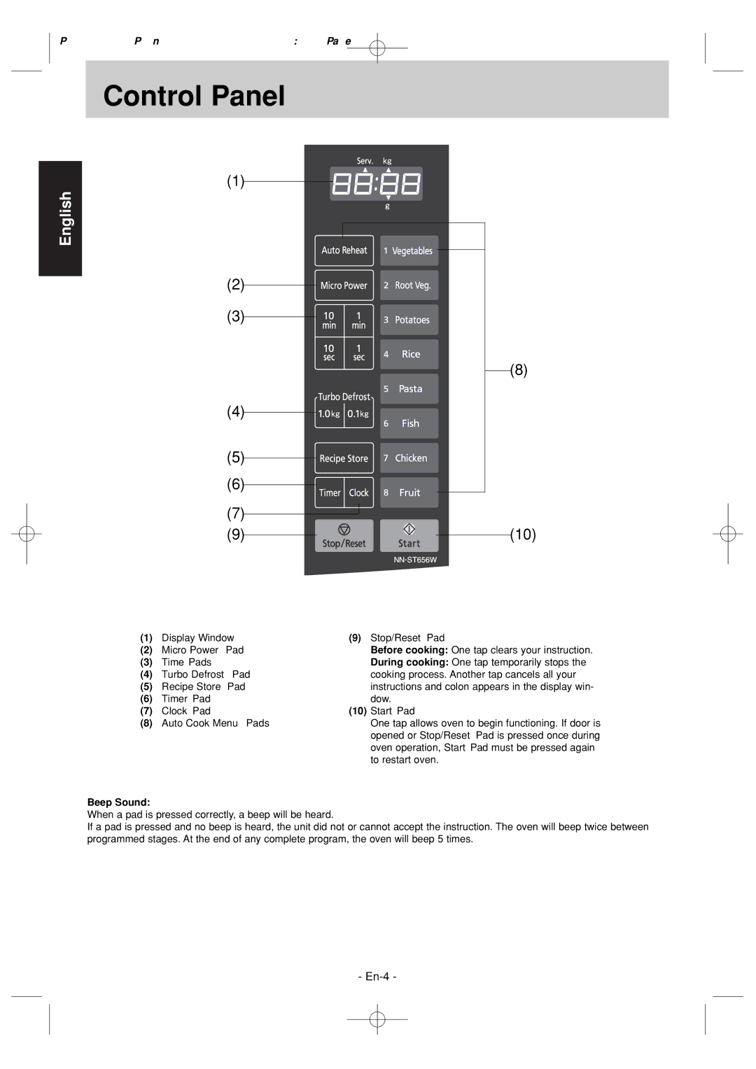 Panasonic NN-ST686S operating instructions Control Panel, Beep Sound 