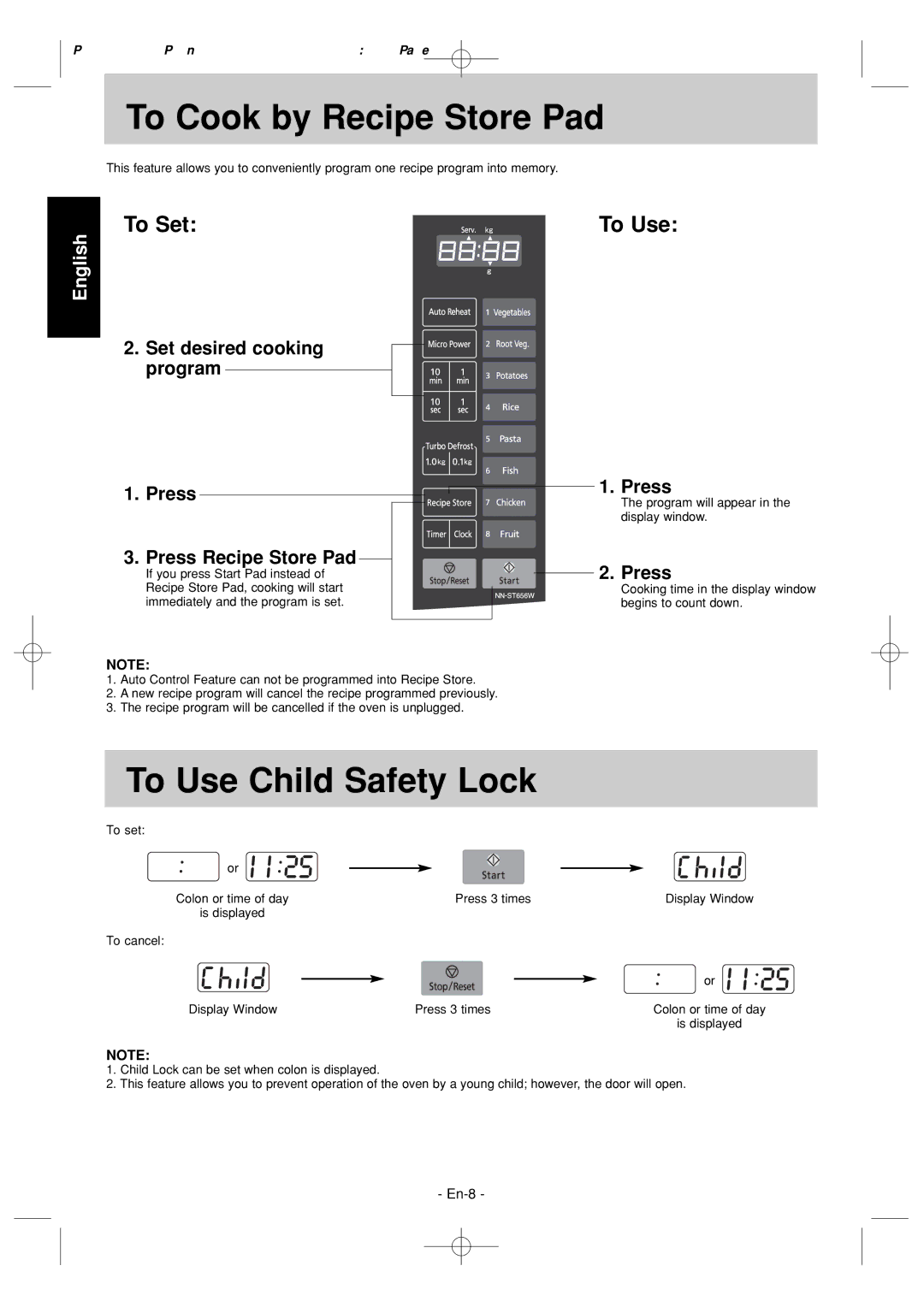 Panasonic NN-ST686S operating instructions To Cook by Recipe Store Pad, To Use Child Safety Lock 