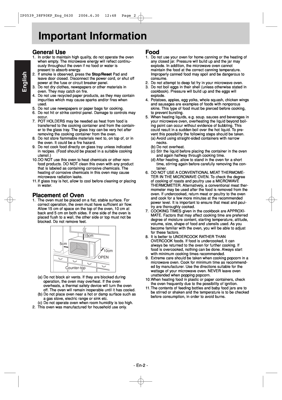 Panasonic NN-ST686S operating instructions Important Information, General Use, Placement of Oven, Food, En-2, English 