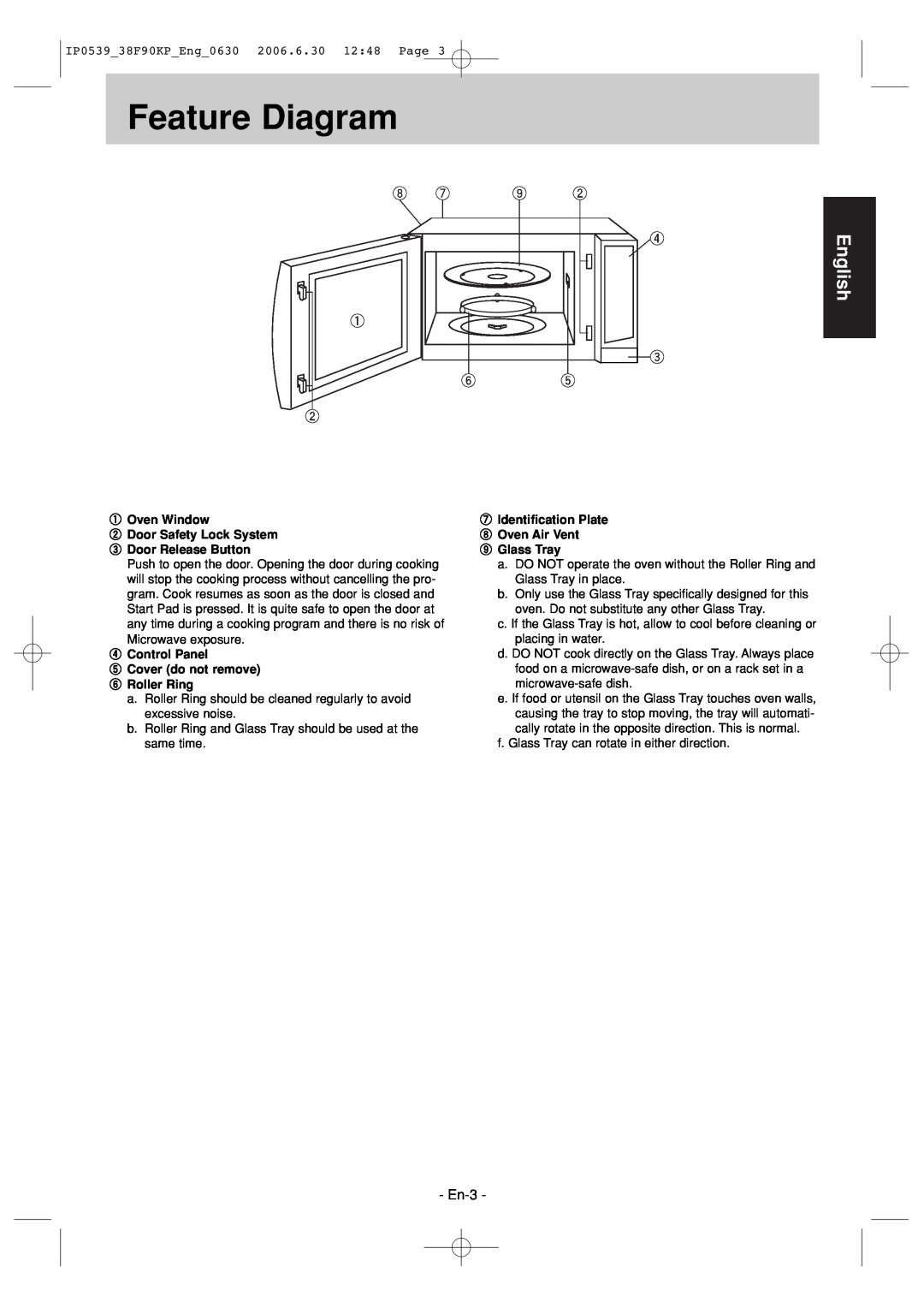 Panasonic NN-ST686S Feature Diagram, En-3, English, Oven Window 2 Door Safety Lock System 3 Door Release Button 