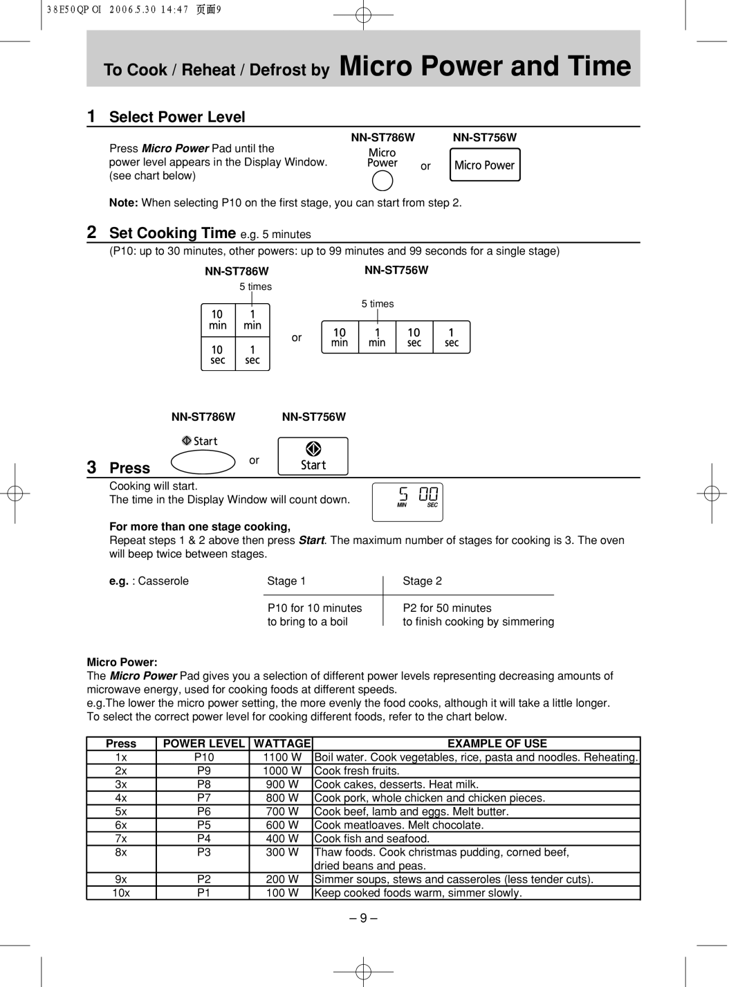 Panasonic NN-ST756W manual Set Cooking Time e.g minutes, For more than one stage cooking, Micro Power, Press 