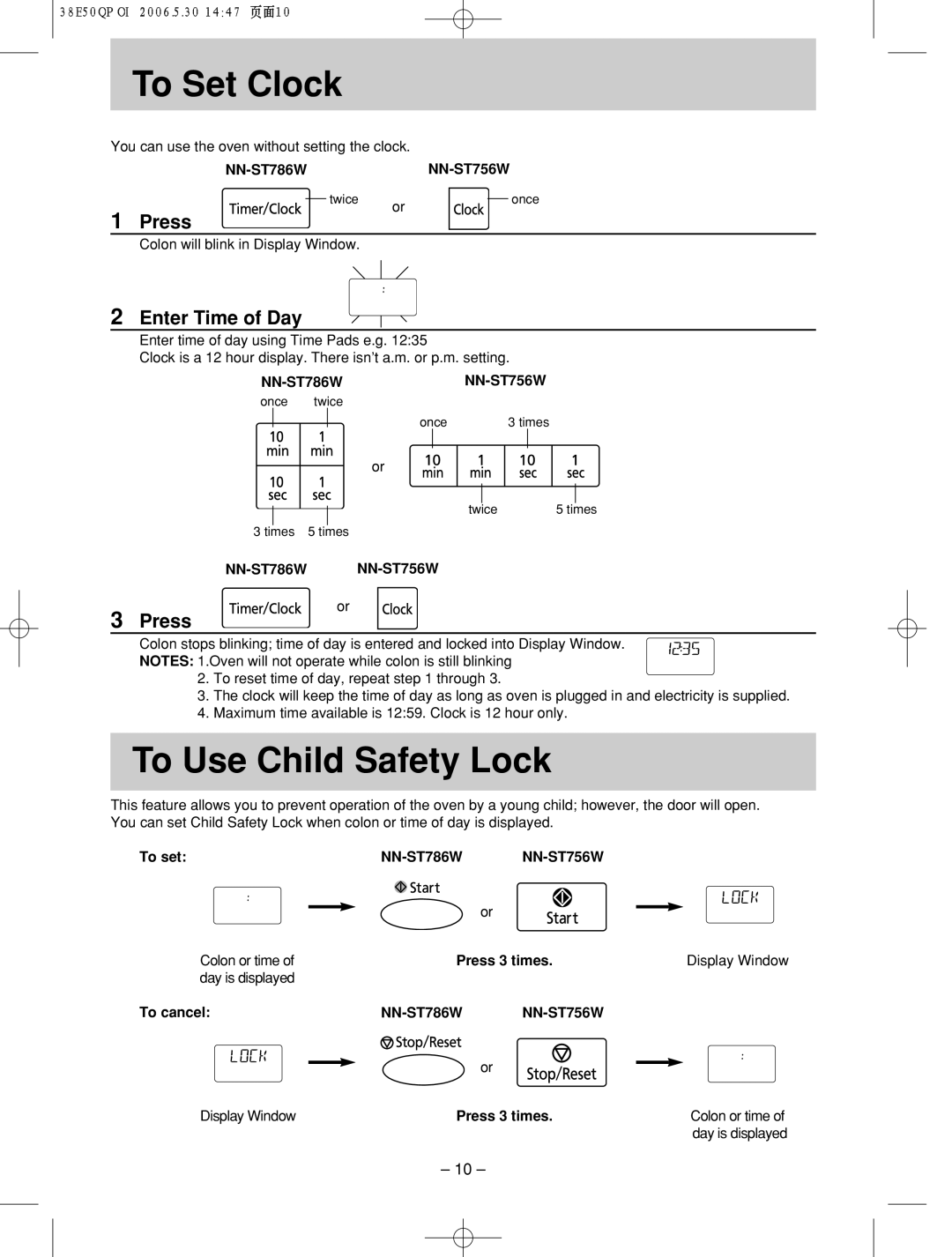 Panasonic NN-ST756W manual To!!!Set Clock, To Use Child Safety Lock, Enter Time of Day 