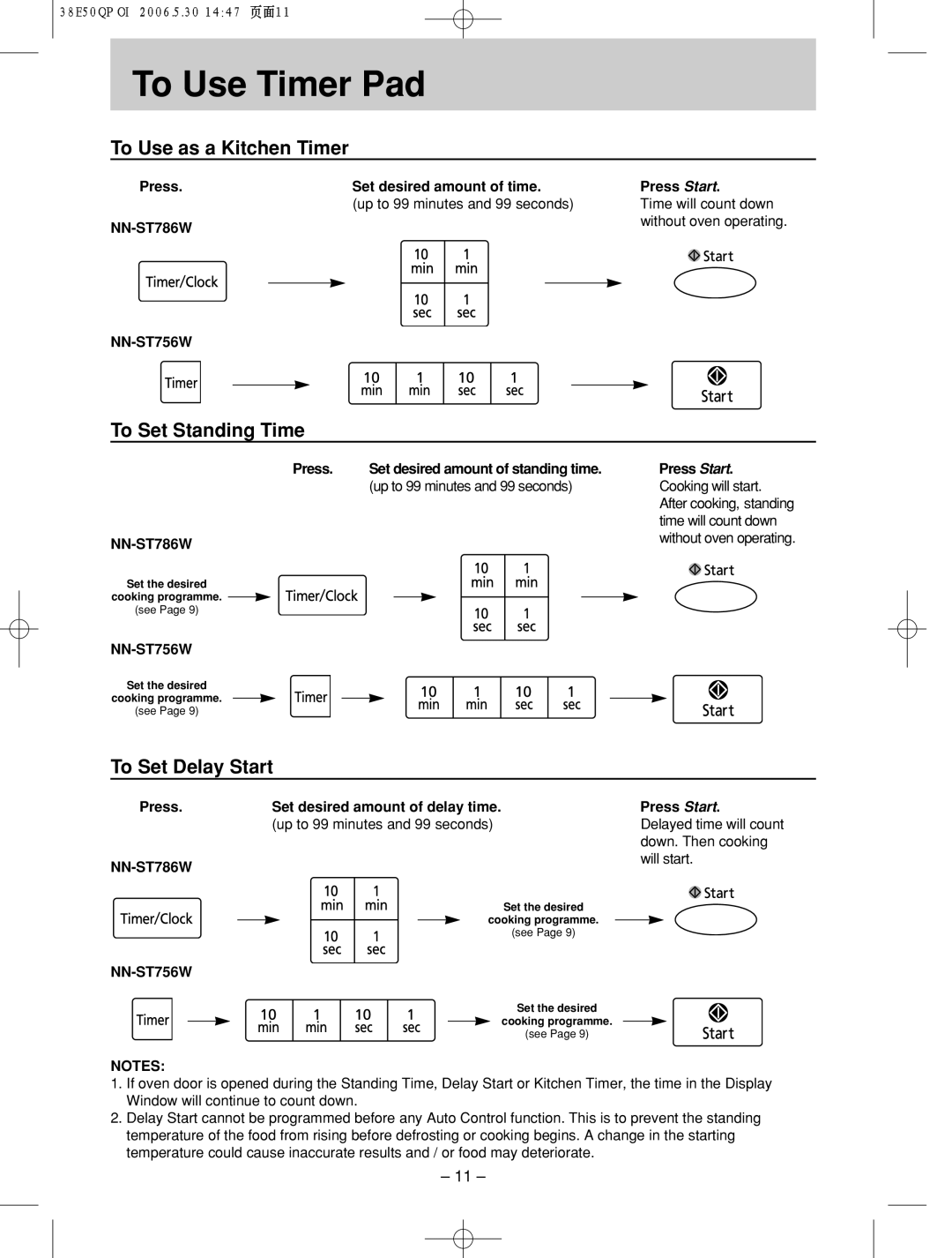 Panasonic NN-ST756W To!!!Use Timer Pad, To Use as a Kitchen Timer, To Set Standing Time, To Set Delay Start, NN-ST786W 