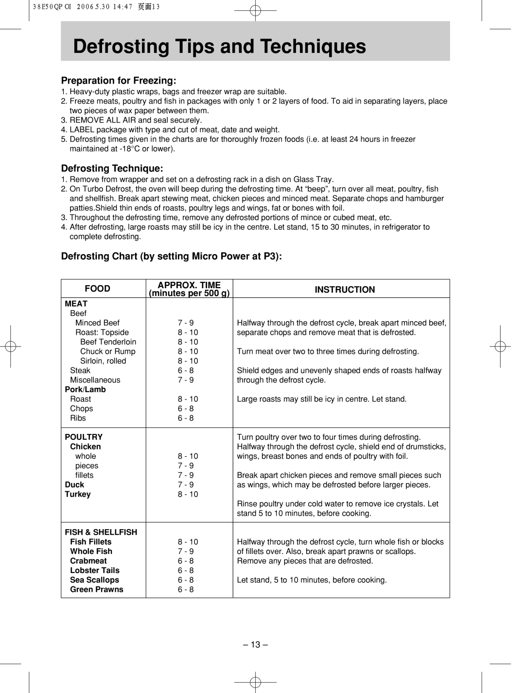 Panasonic NN-ST756W Defrosting!!! Tips and Techniques, Preparation for Freezing, Defrosting Technique, Minutes per 500 g 