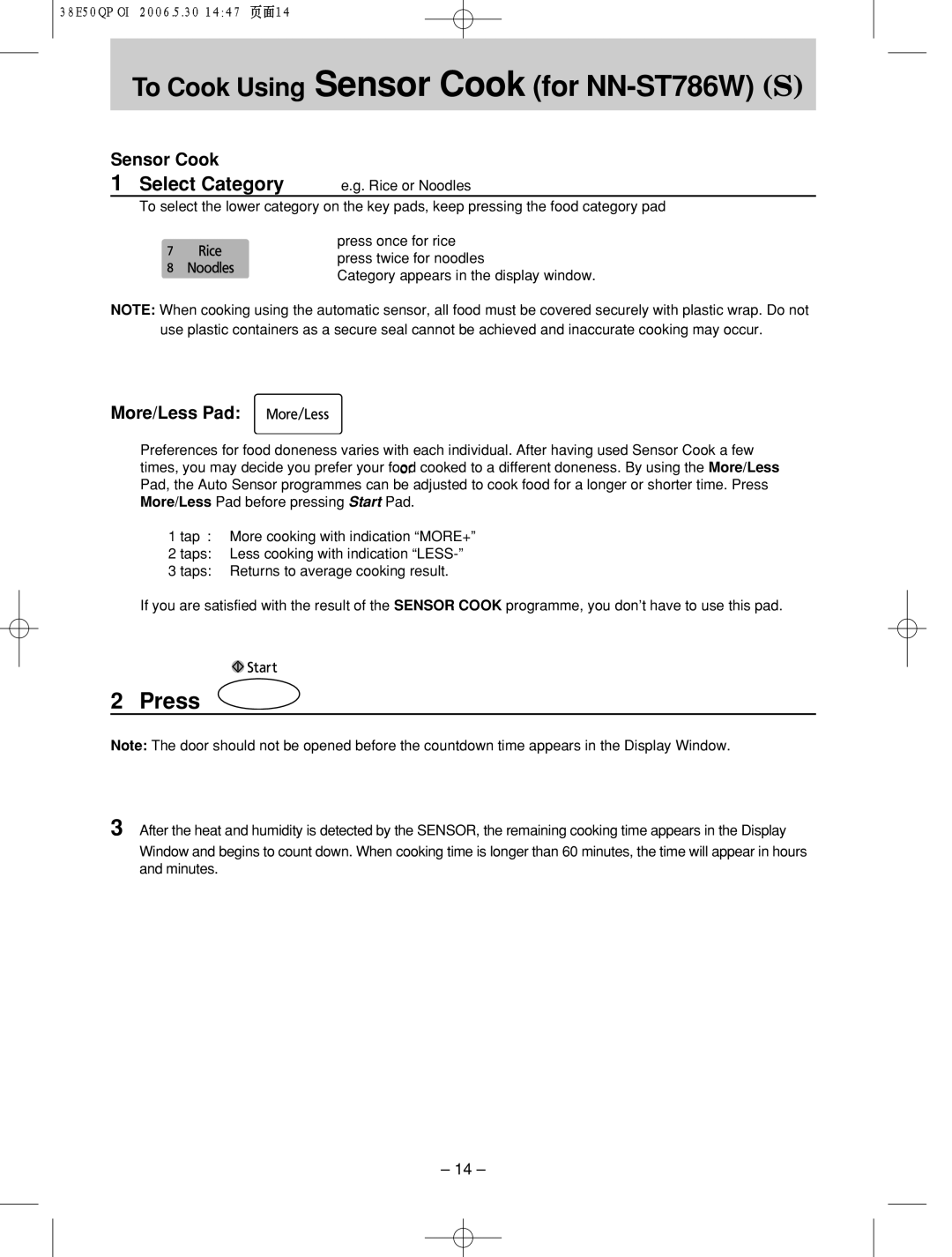 Panasonic NN-ST756W manual To!!Cook! Using Sensor Cook for NN-ST786W S, Select Category, More/Less Pad, Rice or Noodles 