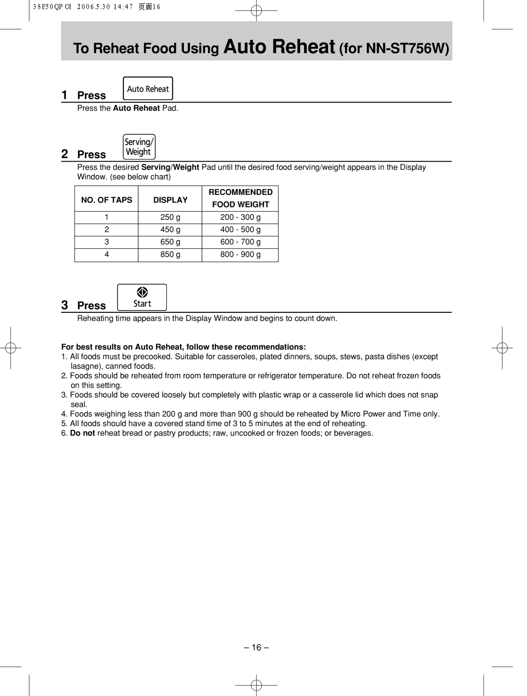 Panasonic NN-ST756W manual Press the Auto Reheat Pad, NO. of Taps Display Recommended Food Weight 
