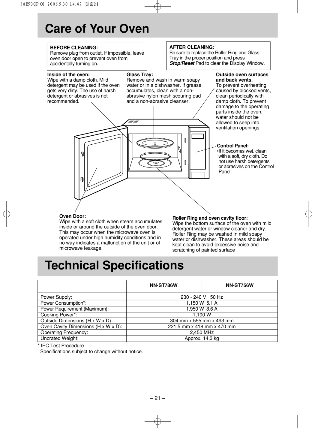 Panasonic NN-ST756W manual Care!!! of Your! Oven, Technical Specifications, Before Cleaning, After Cleaning 