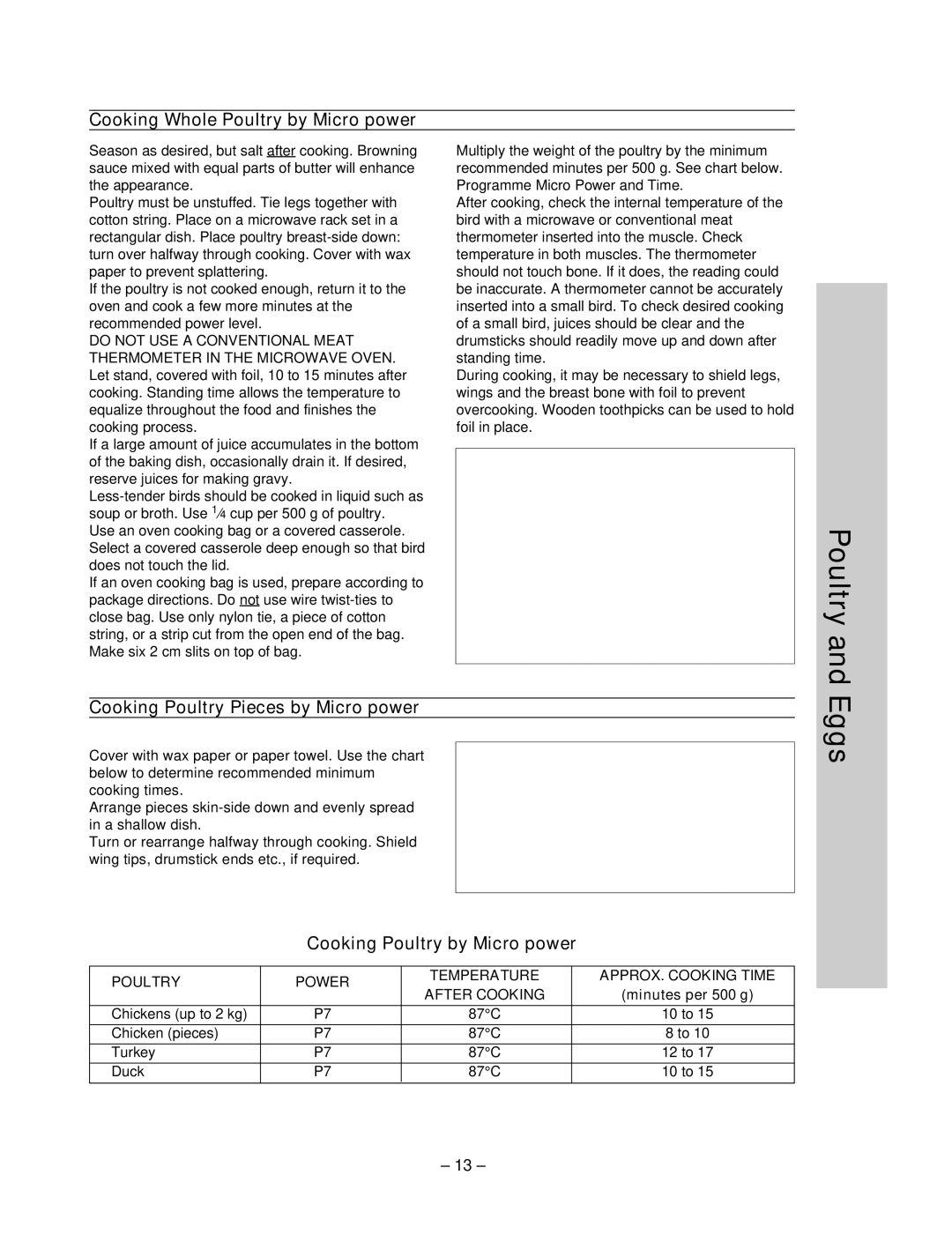 Panasonic NN-ST756W manual Eggs, Cooking Whole Poultry by Micro power, Cooking Poultry Pieces by Micro power 