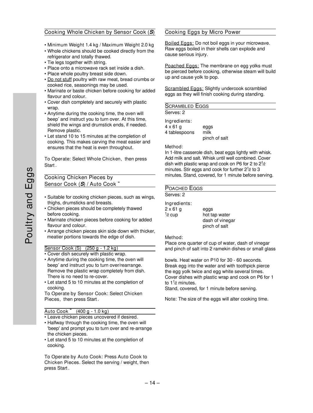 Panasonic NN-ST756W manual Poultry and Eggs, Cooking Whole Chicken by Sensor Cook S, Cooking Eggs by Micro Power 