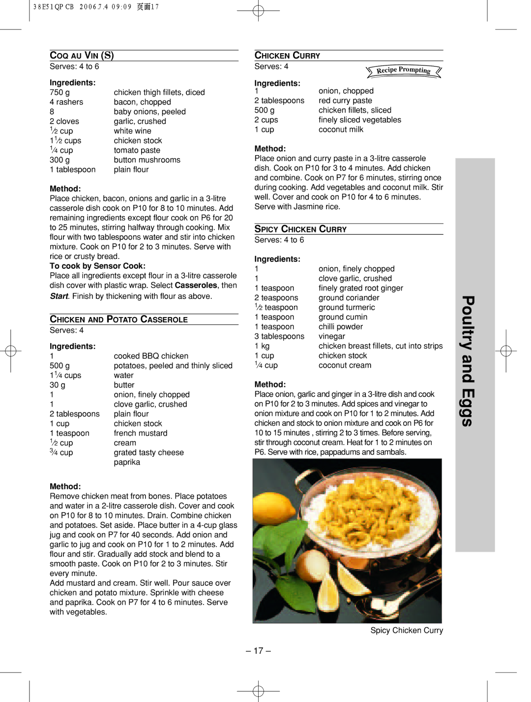 Panasonic NN-ST756W manual Cooked BBQ chicken, Cup Chicken stock ⁄4 cup Coconut cream, Spicy Chicken Curry 